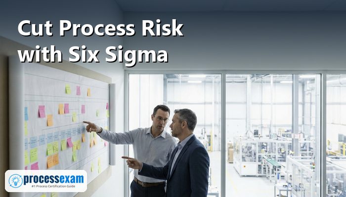 Quality engineer and risk manager reviewing a process risk map on a factory office wall