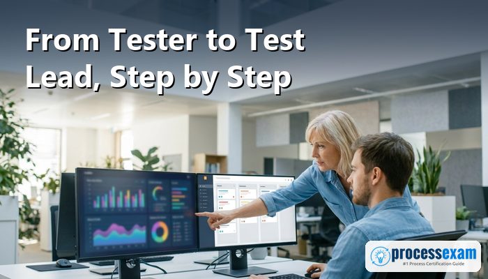 Senior tester mentoring a colleague at a desk with test dashboards