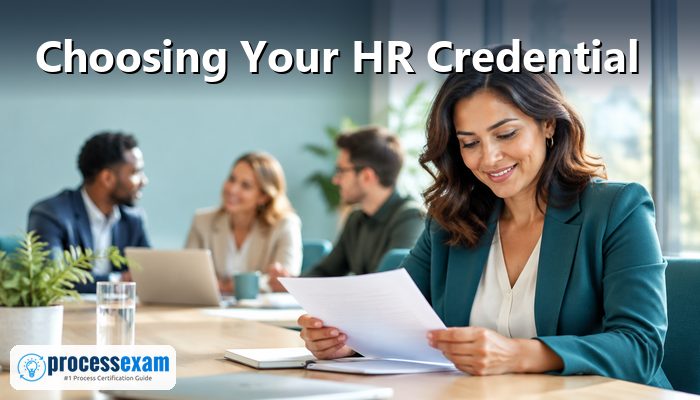 HR professional holding icons of a team, illustrating HR certification choices by career stage