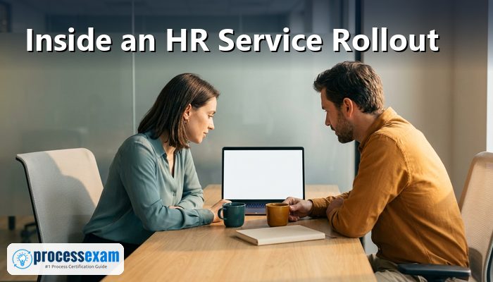 HR specialist and ServiceNow administrator reviewing a laptop together at a shared office desk