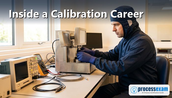 Calibration technician adjusting a precision instrument at a laboratory bench with test equipment around