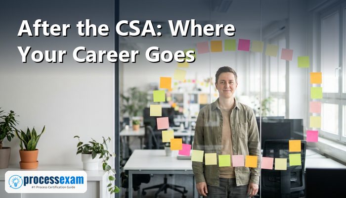 IT administrator looking at a career roadmap on a glass wall in a bright office
