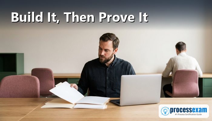 IT professional reviewing governance documents beside a laptop in a quiet office