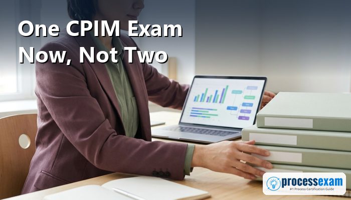 Smiling candidate beside a banner reading preparation tips and study materials for the APICS CPIM exam