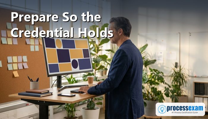 Portfolio manager reviewing a project board on a monitor at a standing desk while preparing for the CIS-SPM exam