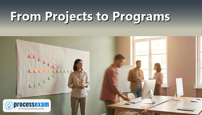 Project manager at a wall roadmap joining several project workstreams in a bright office