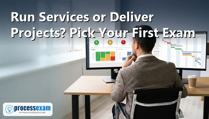 Professional at a desk weighing an IT service workflow against a project plan on two screens