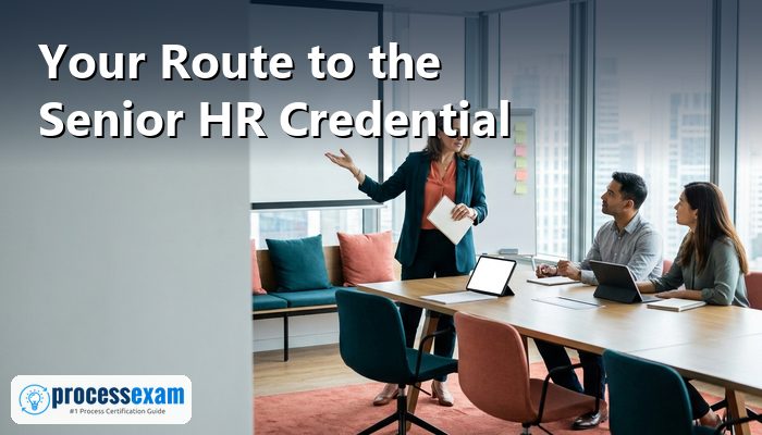 Senior HR leader reviewing a workforce plan with two colleagues in a bright meeting room before applying for the SHRM-SCP