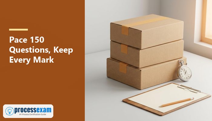 Still-life of stacked cardboard cartons, a stopwatch, a clipboard and a pencil on a warehouse-grey table