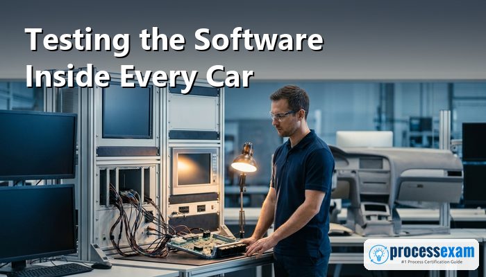 Test engineer beside a hardware-in-the-loop rig with a car control unit on a lab bench