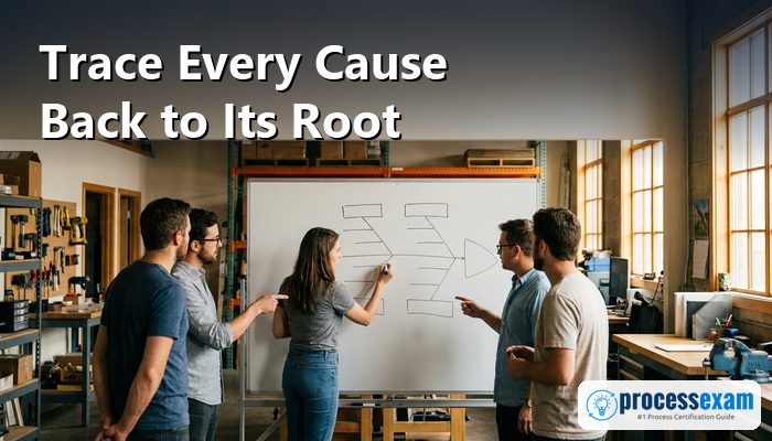 Team mapping causes of a problem on a whiteboard fishbone diagram