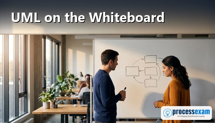Two colleagues sketching boxes and arrows on a whiteboard during a design discussion