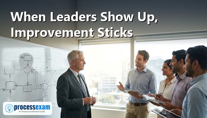 Senior executive listening to an improvement team beside a whiteboard of process flows