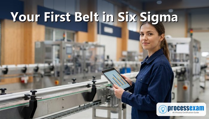 Quality technician reviewing a process chart on a tablet beside a production line