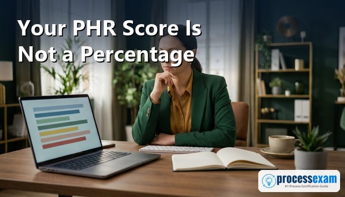 HR professional reviewing a PHR practice test result on a laptop, with scores shown as bars rather than a percentage