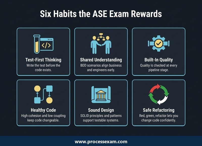 Infographic of six engineering habits the SAFe ASE exam rewards, from test-first thinking to safe refactoring