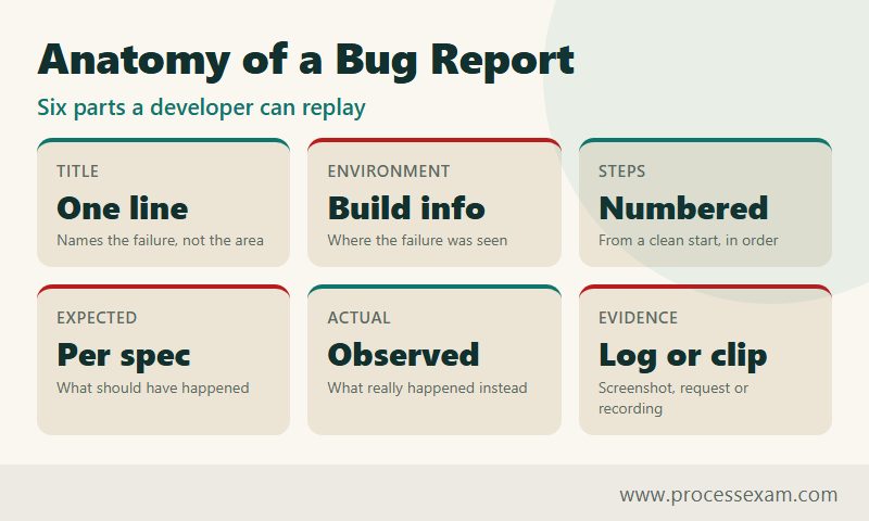 Card grid of the six parts of a bug report, from title, environment and steps to expected result, actual result and evidence