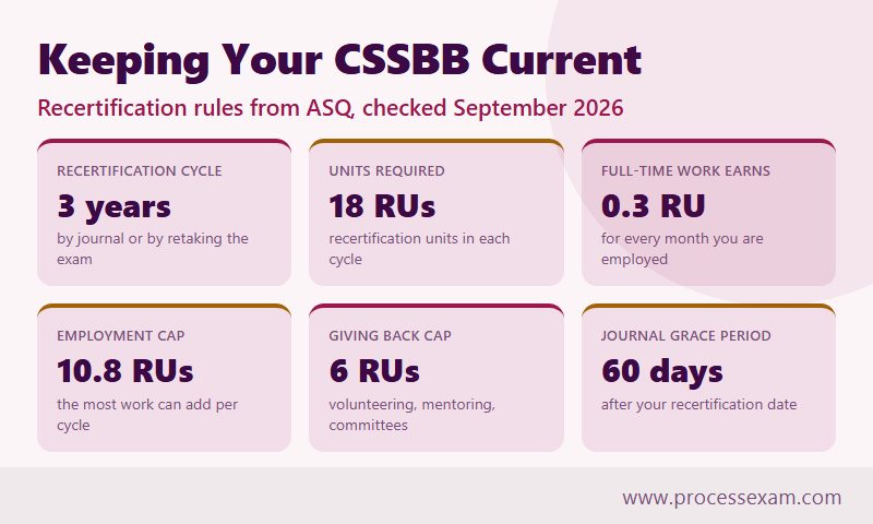 Six cards of ASQ CSSBB recertification numbers including 18 units per three years and a 60-day journal grace period
