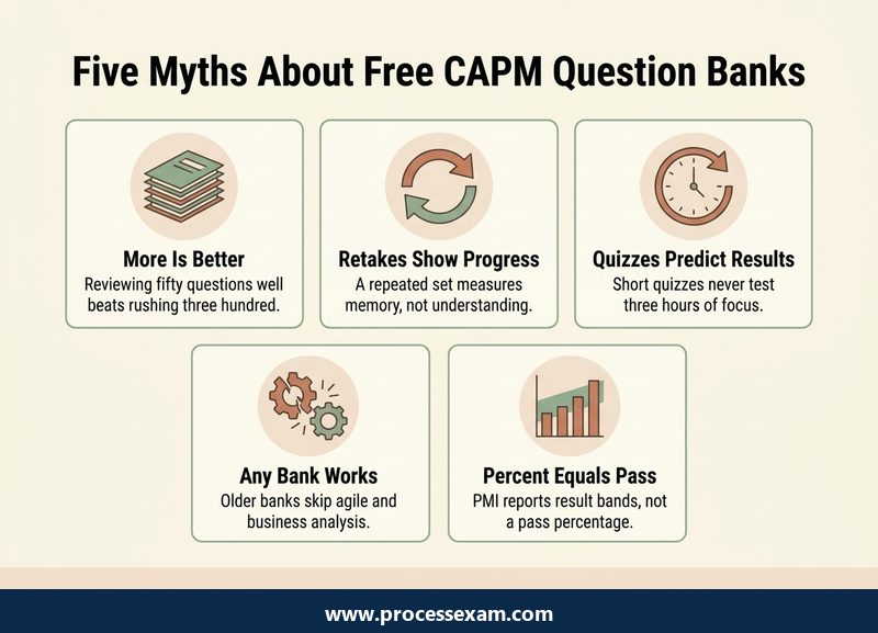 Infographic of five myths about free CAPM question banks, each with a short correction