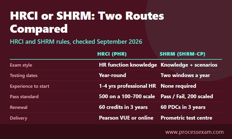 Comparison chart of HRCI and SHRM by exam style, testing dates, experience needed, pass standard, renewal and delivery