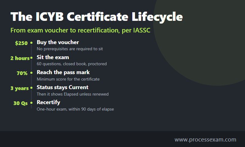 Timeline infographic of the ICYB certificate from exam fee and pass mark to three-year status and recertification