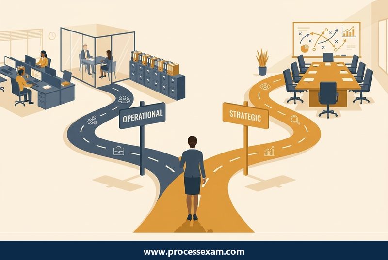 Illustration of an HR professional at a fork in the road between operational HR work and strategic HR work