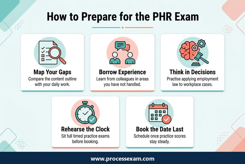 How to Prepare for the PHR Exam infographic with five labelled points