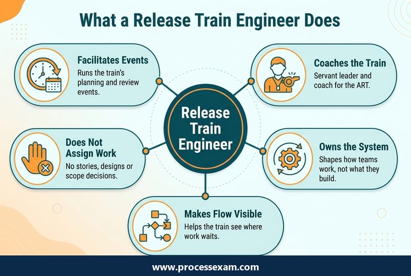 What a Release Train Engineer Does infographic with five labelled points