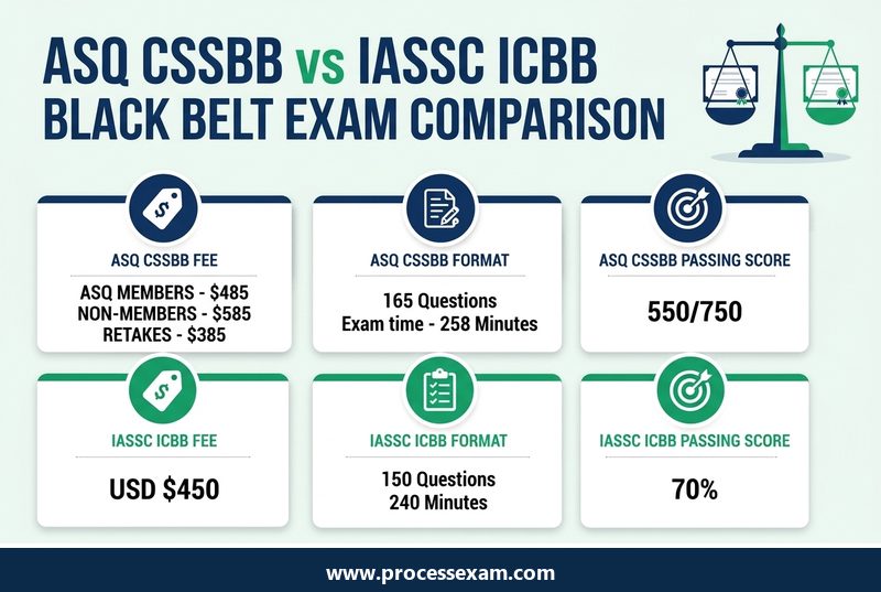 Infographic comparing ASQ CSSBB and IASSC ICBB on exam fee, format and passing score