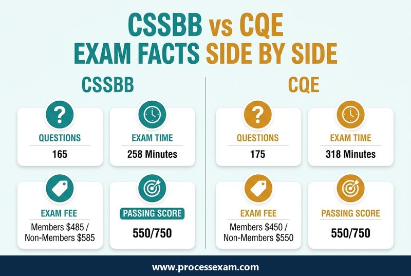 Infographic comparing CSSBB and CQE exam questions, duration, fees and passing score side by side