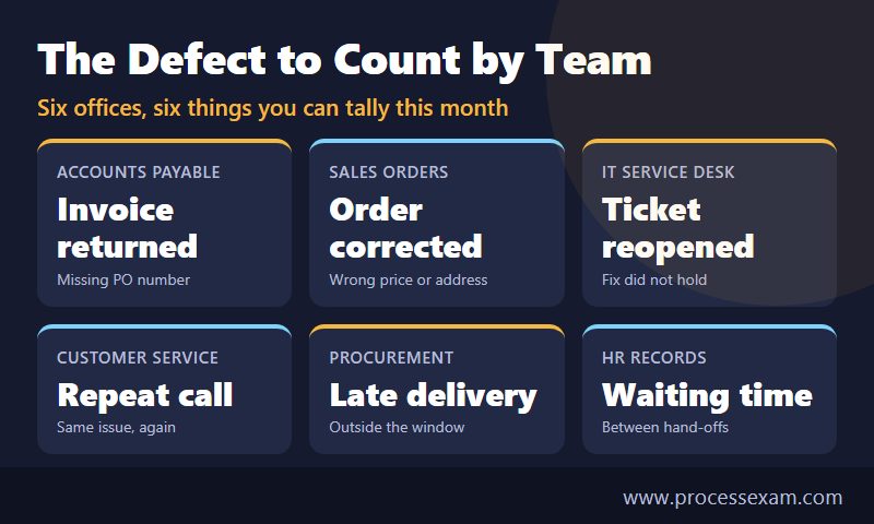 Infographic of six departments and the defect each one can count, from returned invoices to repeat calls