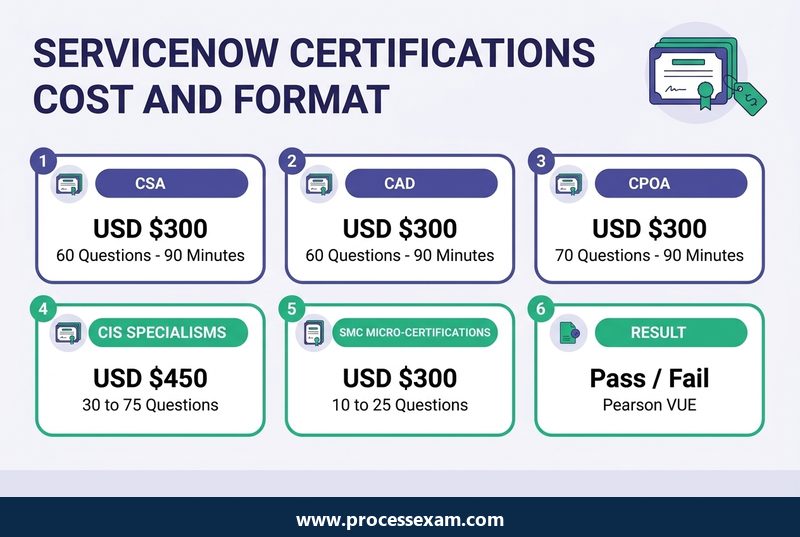 Infographic of ServiceNow certification costs showing CSA, CAD, CPOA, CIS and SMC exam fees, question counts and durations