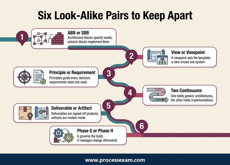 Roadmap of six look-alike TOGAF 9 term pairs to keep apart, from building blocks to Phase G and Phase H
