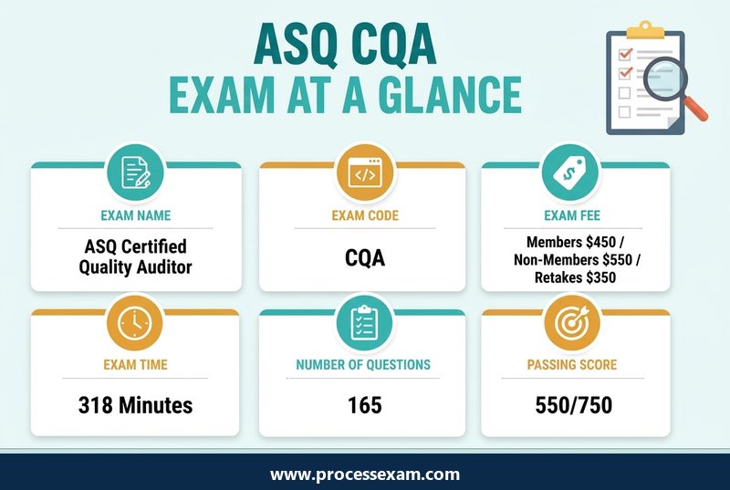 Infographic of the ASQ CQA exam at a glance with exam code, fee, duration, questions and passing score