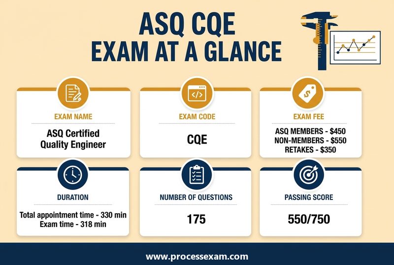 Infographic of the ASQ CQE exam at a glance with exam code, fees, duration, number of questions and passing score