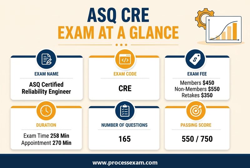 Infographic of the ASQ CRE exam at a glance with exam code, fee, duration, questions and passing score