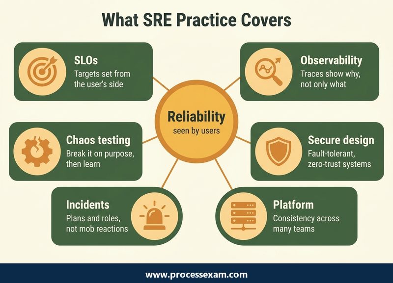 Light hub diagram of six SRE practice areas around a central reliability circle