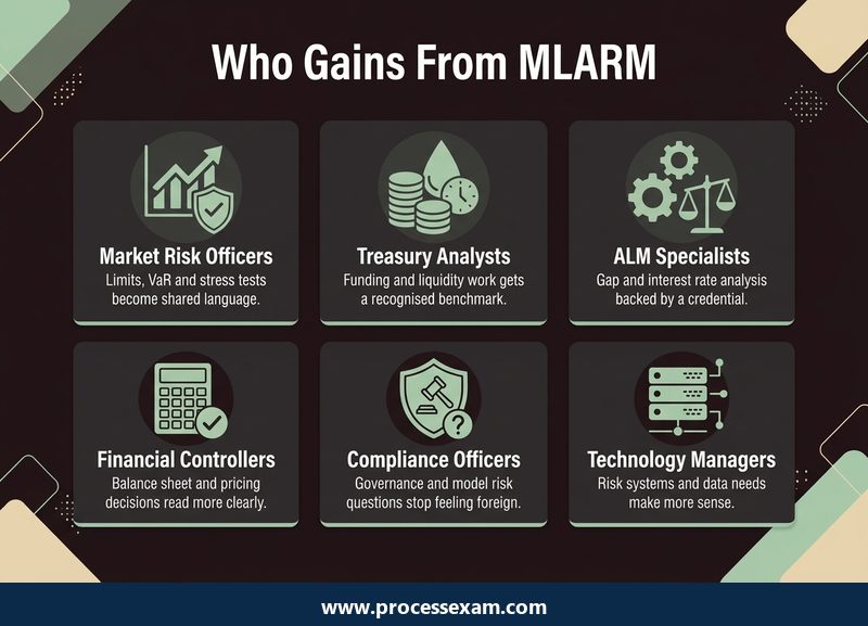 Infographic of six risk roles that gain from the MLARM certificate, from market risk officers to technology managers