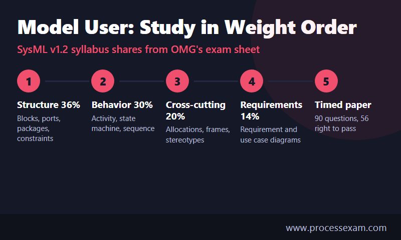 Five steps for studying the OCSMP Model User syllabus in order of weight, from structure to a timed paper
