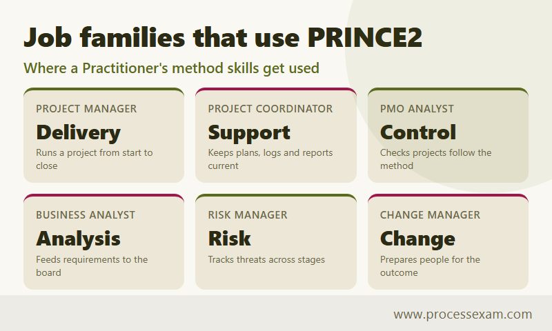 Cards showing six job families that use PRINCE2 Practitioner, from project delivery to risk and change