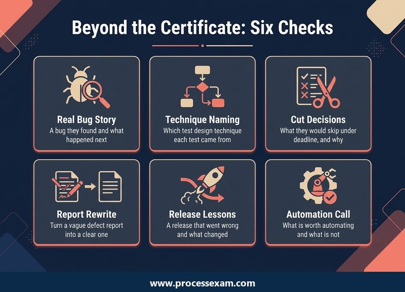Card grid of six interview checks that test real skill beyond an ISTQB certificate