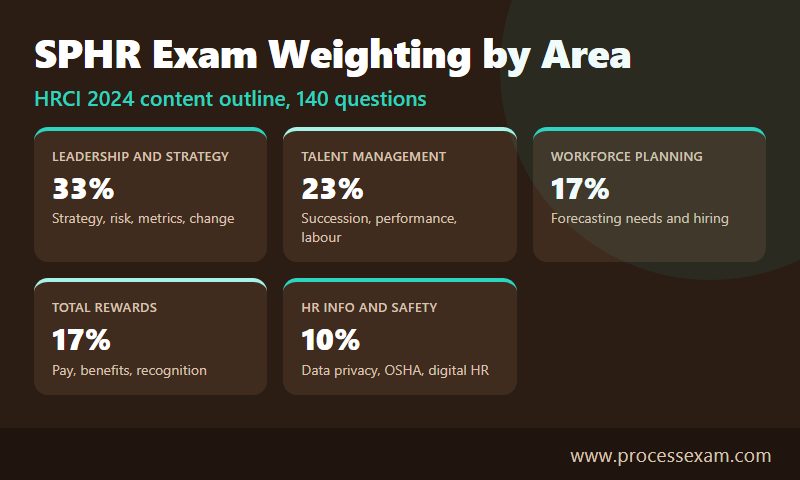 Infographic of the five SPHR functional areas and their weights in HRCI's 2024 outline