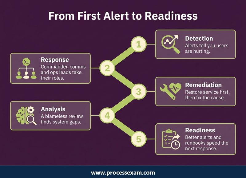 Roadmap of five incident stages from detection through response, remediation and analysis to readiness
