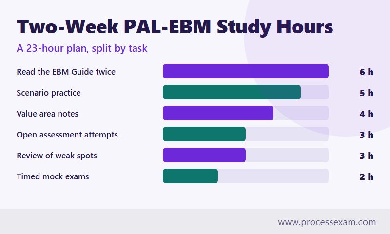 Bar chart of a 23-hour two-week PAL-EBM study plan split across six tasks, from reading the guide to timed mocks