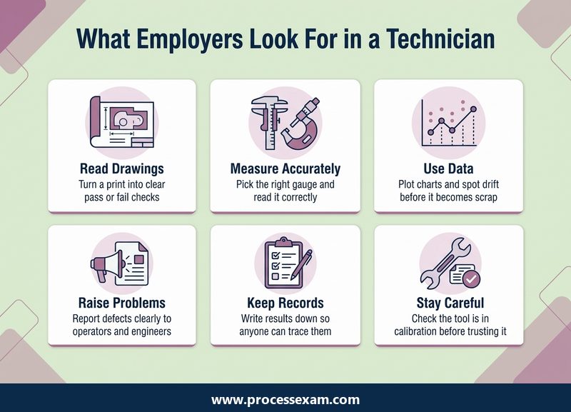 Infographic of six skills employers look for in a quality technician, from reading drawings to raising problems