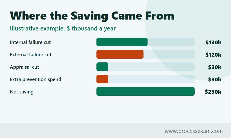 Bar chart of an illustrative saving, failure and appraisal cuts less extra prevention giving a net 250 thousand dollars