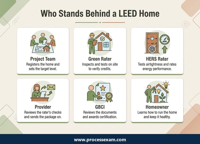 Card grid of six roles behind a LEED home, from the project team and Green Rater to GBCI and the homeowner