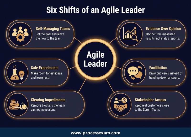 Infographic hub of six shifts an agile leader makes, from self-managing teams to safe experiments
