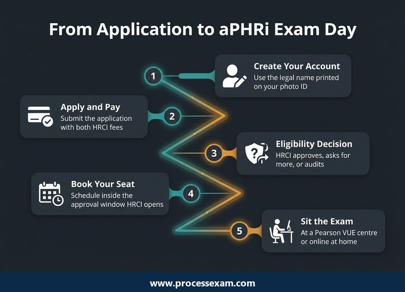 Dark roadmap infographic of five steps from creating an HRCI account to sitting the aPHRi exam