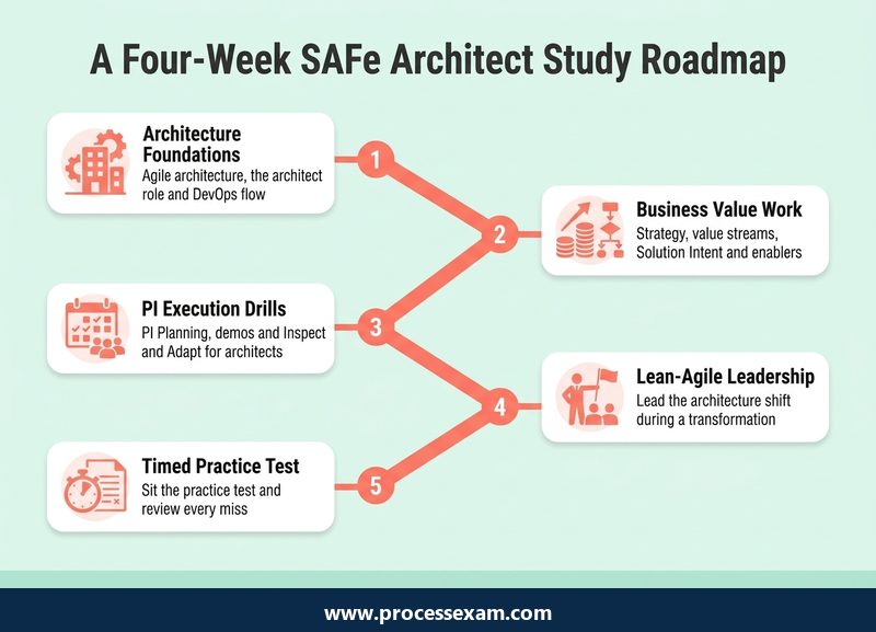 Light roadmap of a four-week SAFe architect study plan with five milestones from foundations to a timed practice test